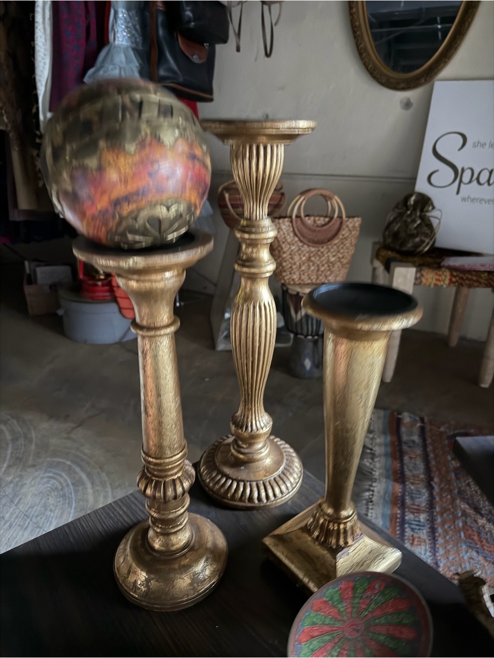 3 vintage Gold Decorative Pedestal Candle Holders - Brand